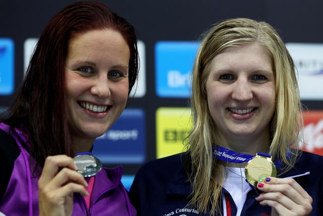 Rebecca Adlington (R), of Nova Centurion, celebrates winning the gold medal, with good friend Joanne Jackson, in the Womens Open 400m Freestyle Final during day two of the British Gas Swimming Championships at The London Aquatics Centre in 2012.