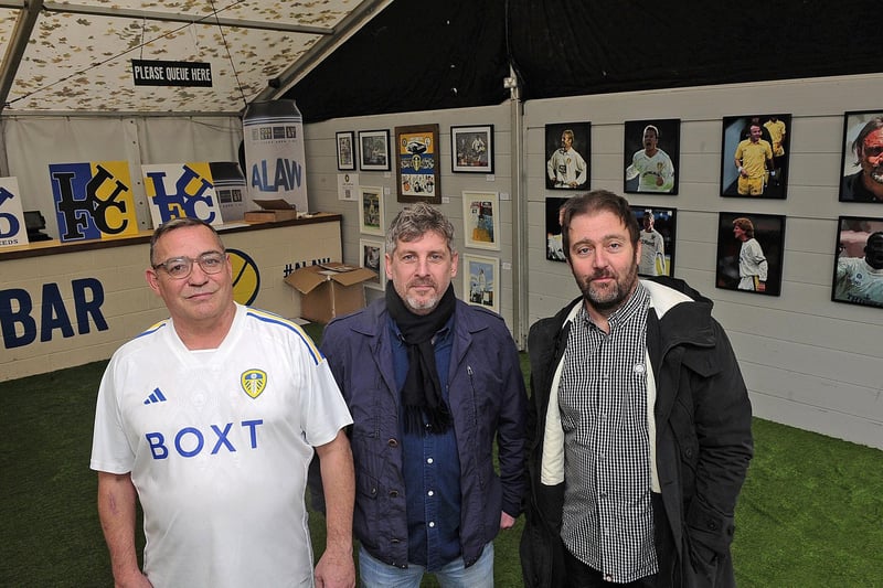 Artists (from left) Karl Jordan, Lee Buccilli and Andy McVeigh with some of their work on display at The Old Peacock on Elland Road.