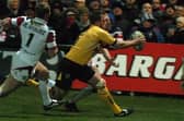 Peter Lupton scores for Castleford Tigers against Wakefield Trinity Wildcats in 2008. Picture by Mark Bickerdike.