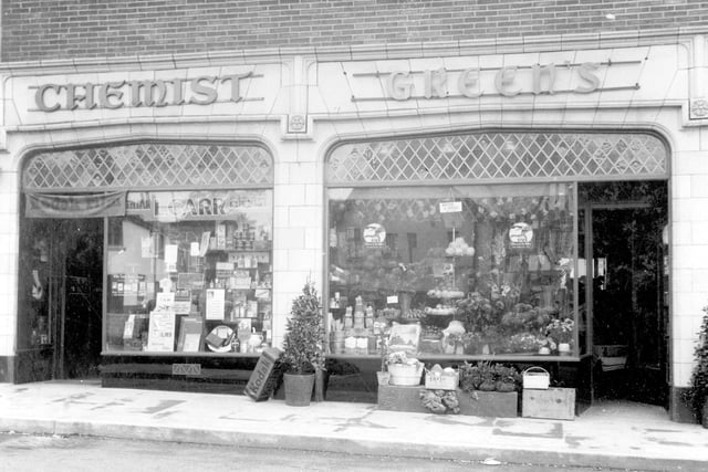 Corner House on Harrogate Road in September 1936.  On the left is Lewis Carr chemists shop with Greens shop at No 9, selling fruit, flowers plants and various gardening supplies.