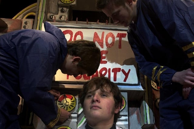 Return to the Forbidden Planet rehearsals at Prince Henry's Grammar School in February 2002. Pictured, from left, operating a Klyston Generator are Sam Walls, Jonnie Saunders and David Walker.