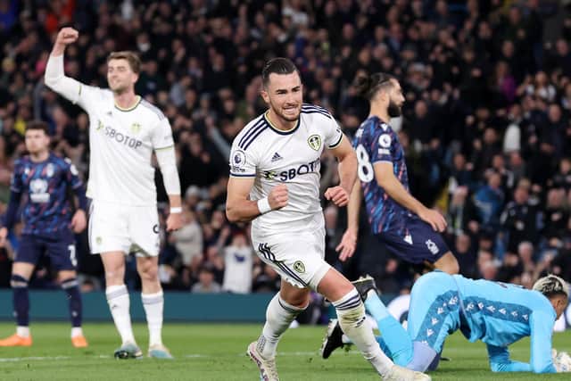 LEEDS, ENGLAND - APRIL 04: Jack Harrison of Leeds United celebrates after scoring the team's first goal during the Premier League match between Leeds United and Nottingham Forest at Elland Road on April 04, 2023 in Leeds, England. (Photo by Alex Livesey/Getty Images)