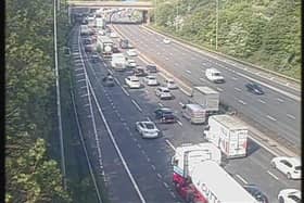 Traffic queueing on the M62 between Huddersfield and Brighouse. Picture: National Highways/Crown 2023