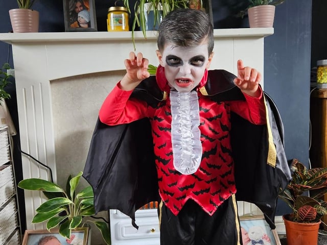 This very adorable little vampire was shared to us by Sarah Petre.