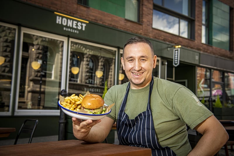 Honest Burgers opened its first restaurant in Leeds in July. The restaurant makes everything from scratch - including its beef patties, sauces, pickles, relishes and chips - and its pasture-fed British beef is chopped instead of minced. At the head of the kitchen is Krzysztof Okun, pictured.