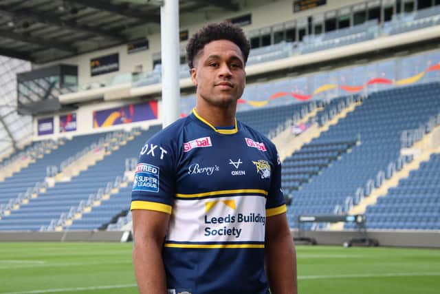 Rhinos signing Derrell Olpherts in his new colours at Headingley. Picture by Leeds Rhinos.