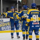 KEEP IT ROLLING: Kieran Brown celebrates one of his four goals against Basingstoke Bison as Leeds Knights romped to an 11-2 win in the first leg of their NIHL National play-off quarter-final at Elland Road Ice Arena on Saturday night. Picture courtesy of John Victor.