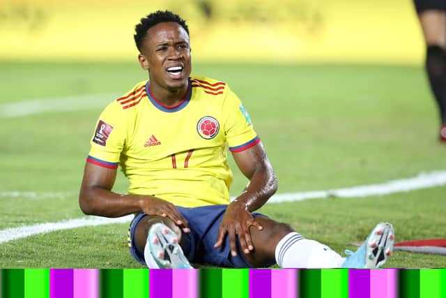 PUERTO ORDAZ, VENEZUELA - MARCH 29: Luis Sinisterra of Colombia reacts during the FIFA World Cup Qatar 2022 qualification match between Venezuela and Colombia at Estadio Cachamay on March 29, 2022 in Puerto Ordaz, Venezuela. (Photo by Edilzon Gamez/Getty Images)