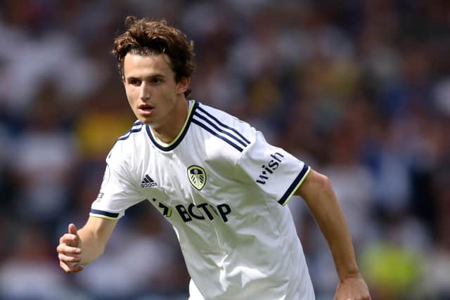 LEEDS, ENGLAND - AUGUST 06:  Brenden Aaronson of Leeds United during the Premier League match between Leeds United and Wolverhampton Wanderers at Elland Road on August 6, 2022 in Leeds, United Kingdom. (Photo by Marc Atkins/Getty Images)