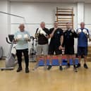 Left to right – patient John Manard, patient Paul Sharp, Joe Gledhill (Director, Trident Fitness), Chris Halliday (Instructor, Trident Fitness), patient Michael Creedon, patient Mansukhlal Chudasama, patient David Brown, and Chris Walsh (Director, Trident Fitness