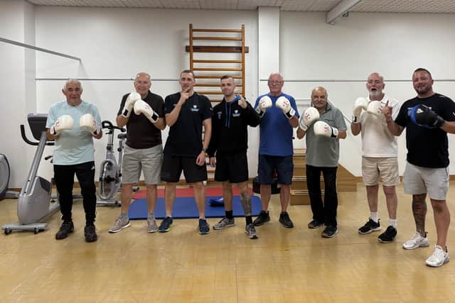 Left to right – patient John Manard, patient Paul Sharp, Joe Gledhill (Director, Trident Fitness), Chris Halliday (Instructor, Trident Fitness), patient Michael Creedon, patient Mansukhlal Chudasama, patient David Brown, and Chris Walsh (Director, Trident Fitness
