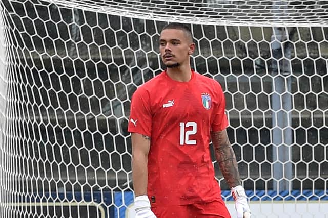 CASTEL DI SANGRO, ITALY - SEPTEMBER 26:  Elia Caprile of Italy U21 looks on during the International Friendly Match between Italy U21 and Japan U21 at Stadio Teofilo Patini on September 26, 2022 in Castel di Sangro, Italy.  (Photo by Giuseppe Bellini/Getty Images)