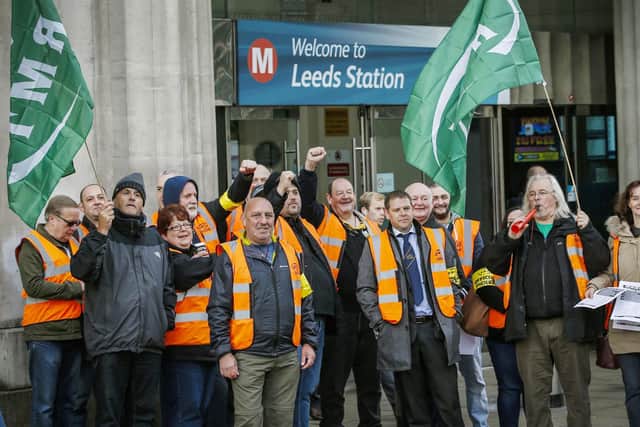 Members of the RMT union picket at Leeds Station. Picture date: Monday October 3, 2016.
