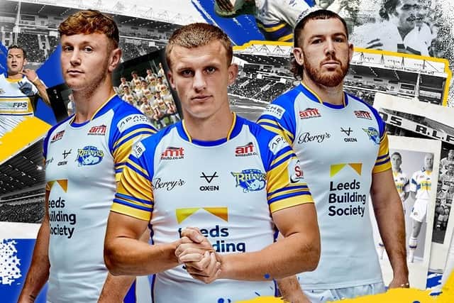 Harry Newman, Ash Handley and Cameron Smith model Rhinos' 2024 shirt. Picture by Leeds Rhinos.