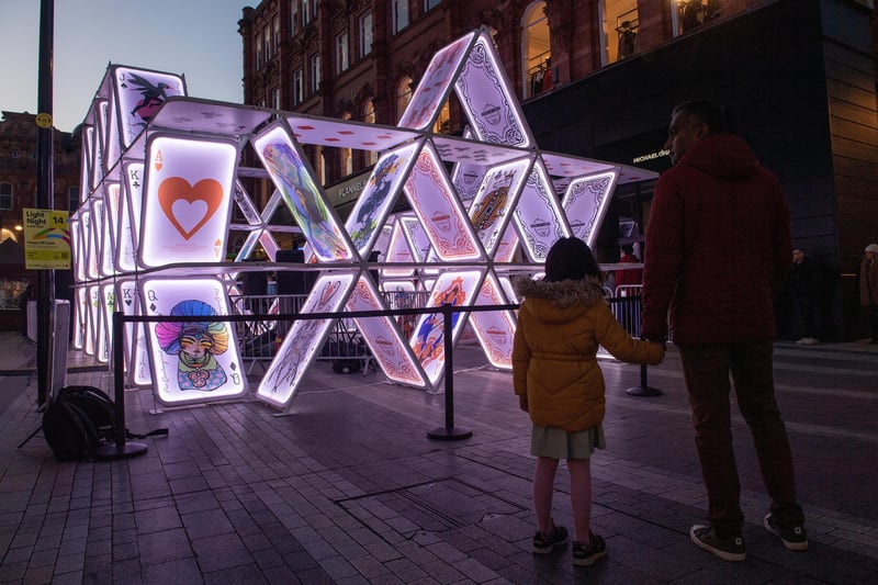 Light Night Leeds attracts more than 100,000 people to the city centre over its two nights in October every year. Installations are hosted in a series of zones, each generously sponsored by a local business or organisation. Pictured is OGE Group's House of Cards at last year's event.
