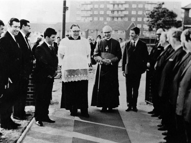 The arrival of Catholic Church dignitaries for the opening of the Irish Centre on York Road in June 1970.