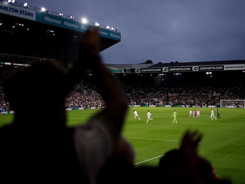 LEEDS, ENGLAND - AUGUST 18: Fans of Leeds United show their support prior to the Sky Bet Championship match between Leeds United and West Bromwich Albion at Elland Road on August 18, 2023 in Leeds, England. (Photo by George Wood/Getty Images)