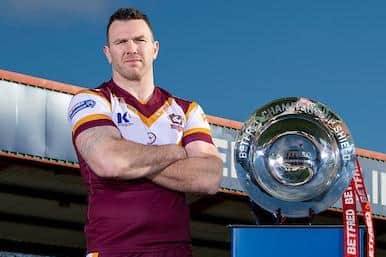 Batley's Keegan Hirst with the Championship Shield at this week's season launch. Picture by Allan McKenzie/SWpix.com.