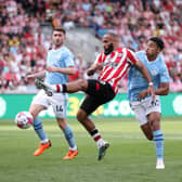 PRICEY PURHASE: Shea Charles, right, on his Manchester City debut against Brentford in May's season finale. Photo by Alex Pantling/Getty Images.
