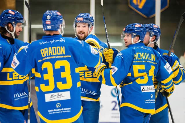 WINNERS: Matt Barron (centre) and Noah McMullin (second right) won two NIHL National league titles and a National Cup with Leeds Knights and are former college team-mates of the team's new import signing, Cullen McLean. Picture: Kev Bland/Knights Media.
