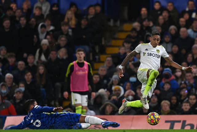 CLUB MATES? Thiago Silva slides in to tackle Leeds United's Brazilian midfielder Raphinha at Stamford Bridge. The Brazilian internationals could become team-mates at Chelsea, who are out in front in the race for the winger. Pic: Getty