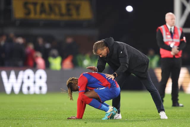 RESPECT: From Leeds United boss Jesse Marsch, right, for Crystal Palace star Wilfried Zaha, left, the pair pictured after April's goalless draw at Selhurst Park.
Photo by Warren Little/Getty Images.
