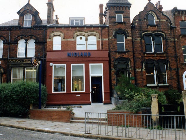 The newly refurbished and painted facade of the Midland Bank located opposite the University of Leeds in October 1989.