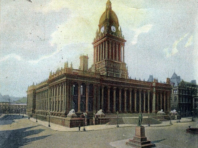 A colour tinted postcard of Leeds Town Hall with a postdate April 12, 1904. The view is from the corner of Park Lane and Oxford Place and shows the statue of Sir Robert Peel in the foreground.