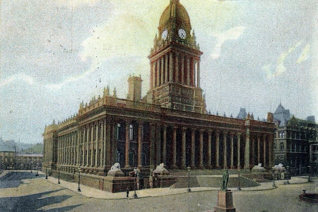 A colour tinted postcard of Leeds Town Hall with a postdate April 12, 1904. The view is from the corner of Park Lane and Oxford Place and shows the statue of Sir Robert Peel in the foreground.