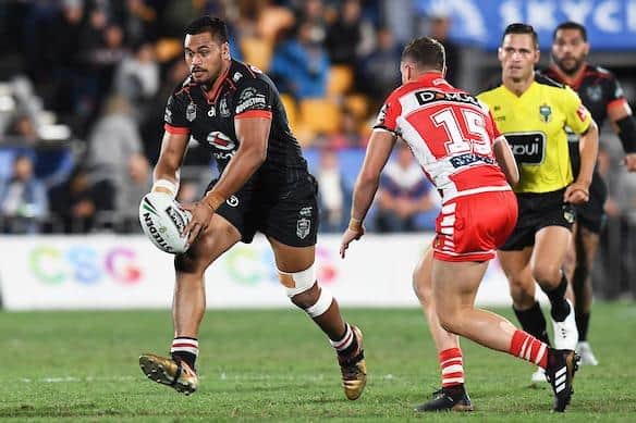 Sam Lisone on the ball for New Zealand Warriors against St George. Picture by Andrew Cornaga / www.Photosport.nz.