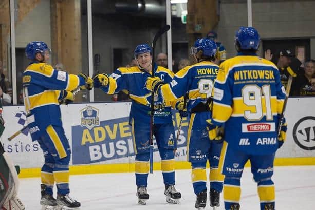 THAT'LL DO NICELY: Kieran Brown (second left) celebrates one of his four goals with Leeds Knights team-mates in Saturday night's 11-2 romp over Basingstoke Bison at Elland Road Ice Arena. Picture courtesy of John Victor.