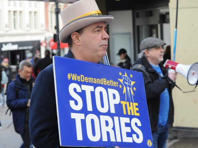 The protest was one of more than 30 events taking place in Britain – plus two in Spain – on what was dubbed a “Day for Rejoin”. Pictured here is Steve Bray.