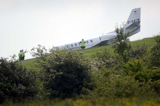 This  plane over-ran the runway at Leeds and Bradford Airport in May 2003.