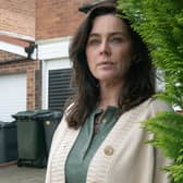 Emma (Jill Halfpenny) spends a lot of time lurking behind bushes in the new Channel 5 drama The Feud (Picture: Channel 5)