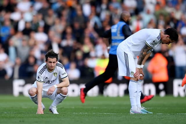 ANGER: As Leeds United are relegated, Brenden Aaronson and Robin Koch showing their pain. Photo by Stu Forster/Getty Images.