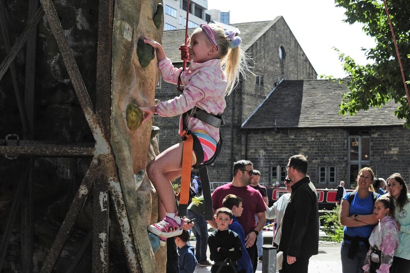 Sylvia Newbery-Keane, six, of Otley on the climbing wall. (pic by Steve Riding)