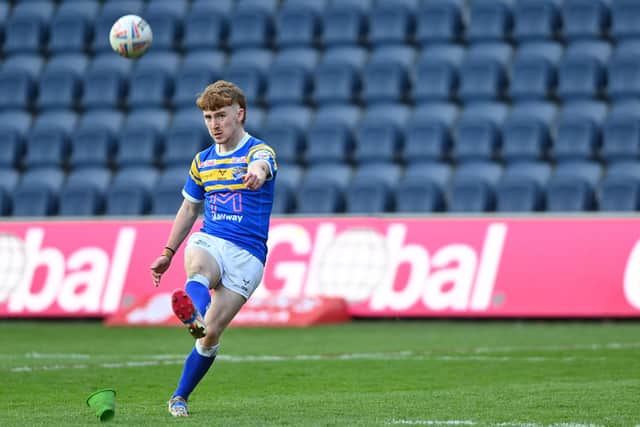 Kai Morgan, seen kicking a goal for Leeds Rhinos' academy against Hull KR in 2022, joined Salford Red Devils in pre-season and is in their initial squad for tonight's Super League opener. Picture by Bruce Rollinson.