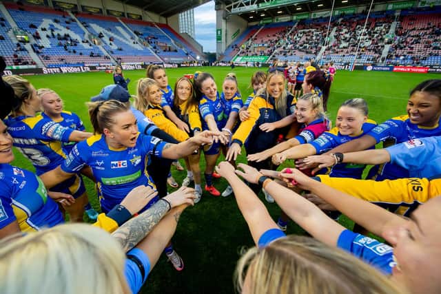 Leeds Rhinos women huddle after last Friday's win at Wigan Warriors which secured second place in Super League. Picture by Allan McKenzie/SWpix.com.