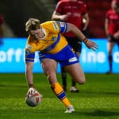 James McDonnell scores for Leeds Rhinos in the 28-0 win at Salford Red Devils. Picture by Olly Hassell/SWpix.com.