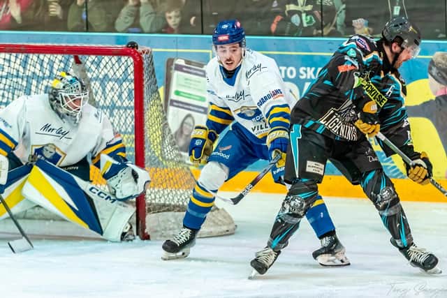 KEY MAN: Bailey Perre in action during a crunch NIHL National clash with rivals Milton keynes Lightning. The Knights won and secured a third straight league crown the following night on home ice. Picture: Tony Sargent/MKL Media.