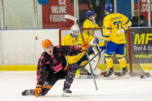OPENER: Oliver Knaggs celebrates putting Shewffield Steeldogs ahead against Leeds Knights at Ice Sheffield on Saturday. Picture: Steeldogs Media.