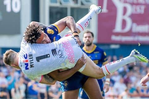 Trinity debutant Hugo Salabio was sent off for upending Richie Myler in Sunday's win over Leeds. Picture by Allan McKenzie/SWpix.com.