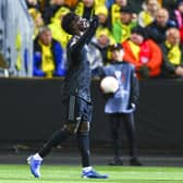 EXTRA HAPPY: Arsenal's Bukayo Saka celebrates scoring the only goal of the game in Thursday evening's Europa League clash against FK Bodo/Glimt inside the Arctic Circle. Photo by FREDRIK VARFJELL/NTB/AFP via Getty Images.