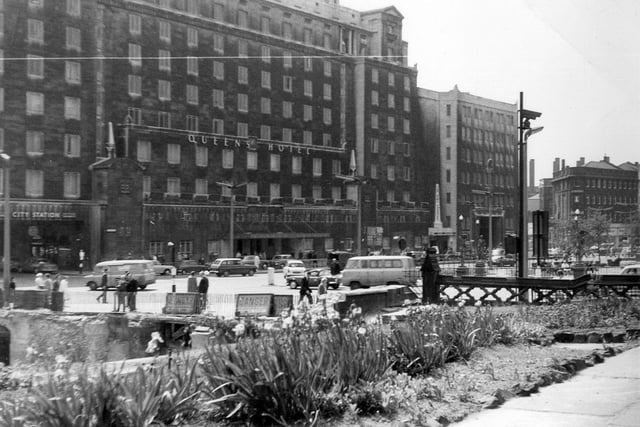A view from the grounds of Mill Hill Chapel in Park Row across Wellington Street to the Queen Hotel in  May/June 1964.