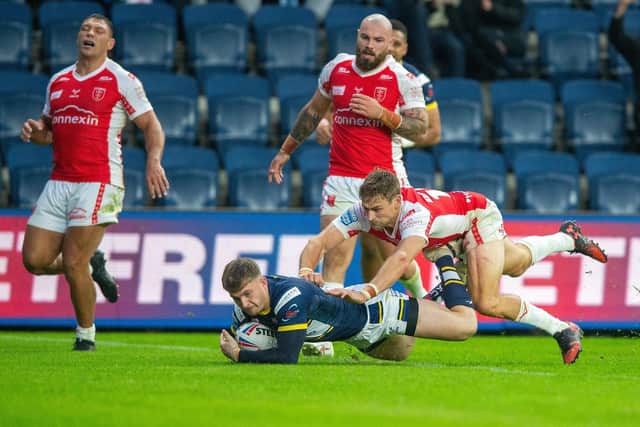 Corey Johnson, seen scoring the first try of his Leeds career, in the defeat by Hull KR, had his best game for the club, according to fan Josh Jackson. Picture by Bruce Rollinson