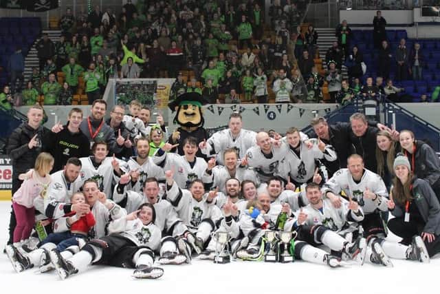 THAT WINNING FEELING: James Archer (middle row, second left) celebrates winning the NIHL One play-offs with Hull Pirates in 2019 at Coventry's SkyDome Arena. Picture: Phil Harrison.