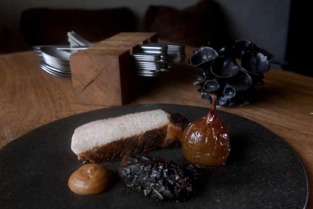 Pork ,Smoked Apple Mustard, Confit Onion ,Hen of the Wood Mushroom Picture taken by Yorkshire Post Photographer Simon Hulme