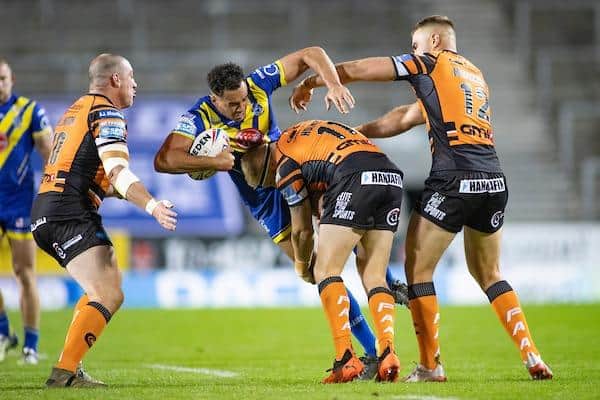 Luis Johnson in action for Warrington against Castleford in 2020. Picture by Isabel Pearce/SWpix.com.