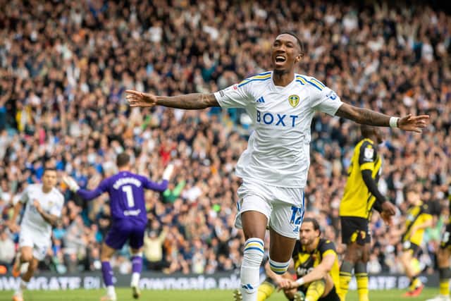 DESPAIR: From Watford keeper Daniel Bachmann, background left, as Jaidon Anthony celebrates scoring Leeds United's third goal in Saturday's 3-0 triumph against the Hornets at Elland Road. Picture by Bruce Rollinson.