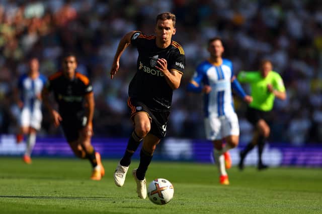 BRIGHTON, ENGLAND - AUGUST 27: Diego Llorente of Leeds United in action during the Premier League match between Brighton & Hove Albion and Leeds United at American Express Community Stadium on August 27, 2022 in Brighton, England. (Photo by Bryn Lennon/Getty Images)
